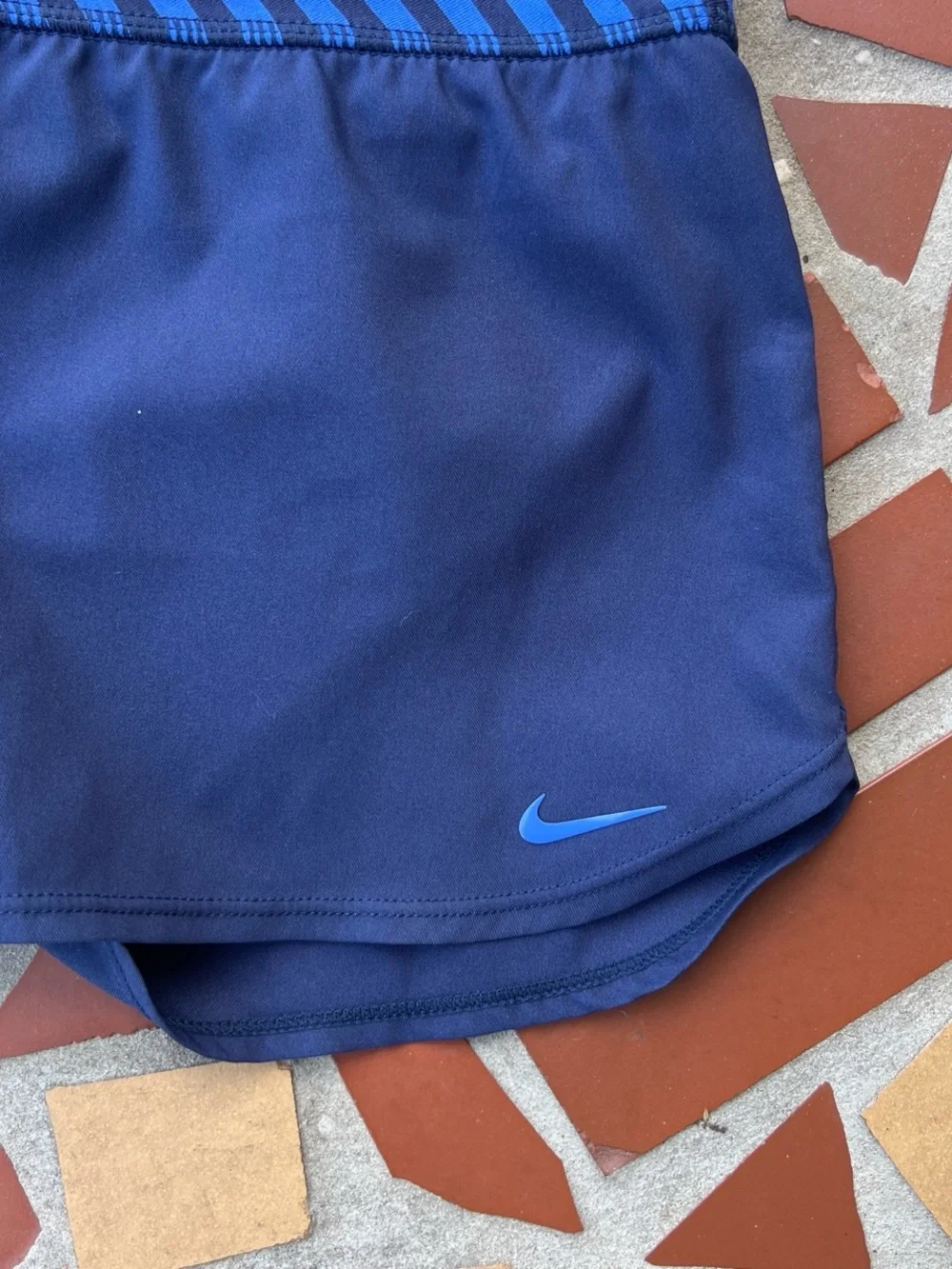 Nike Women's Navy Athletic Shorts with Blue Striped Waistband